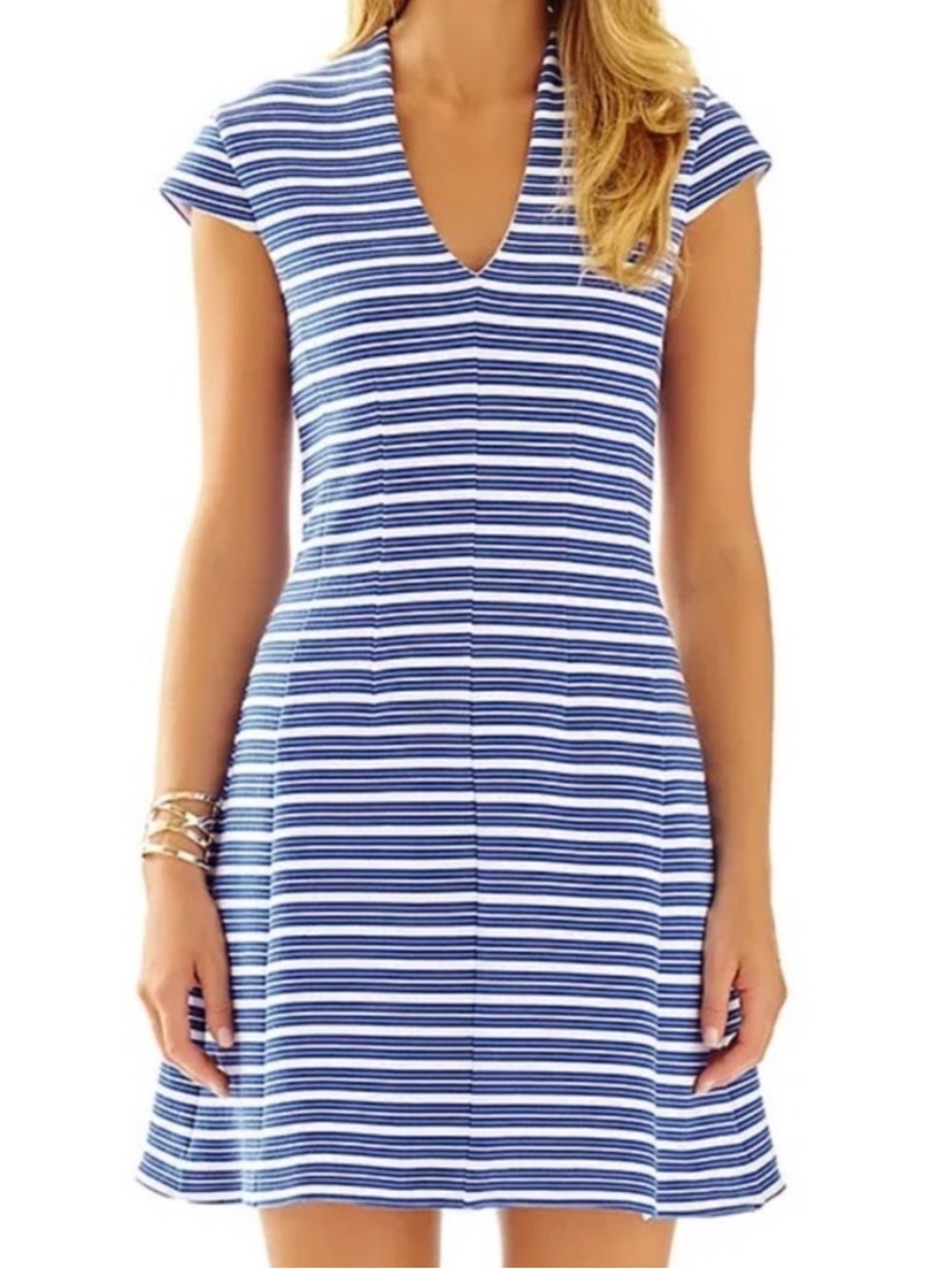 Lilly Pulitzer Bree Ottoman Striped Dress Medium Blue Coastal V-Neck Fit & Flare